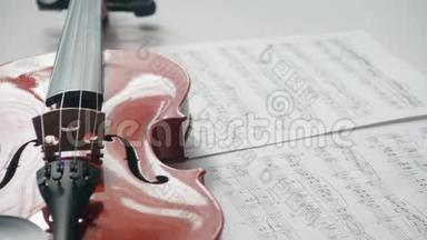棕色小提琴与音符在白色背景旋<strong>转</strong>和盘整的镜头。 <strong>介绍</strong>概念。
